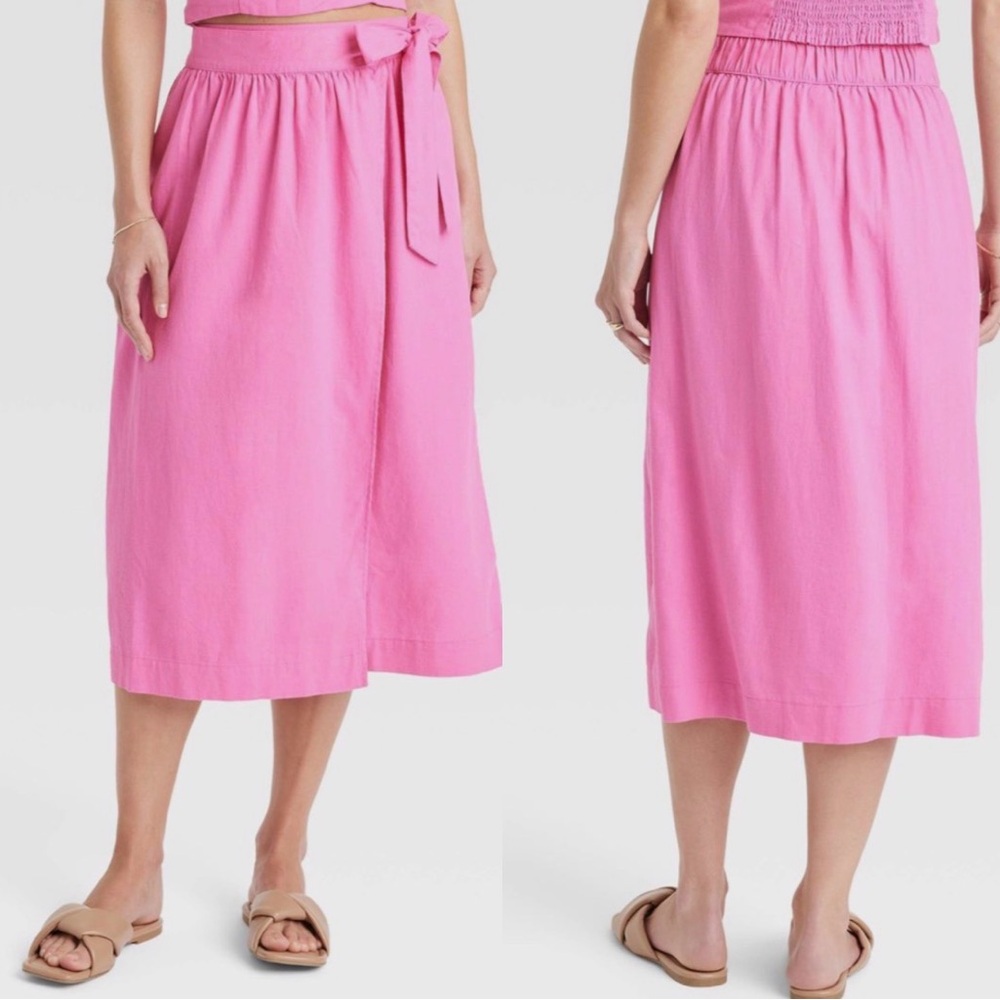 A New Day Linen Blend Side Tie Pink Midi Skirt Size XL